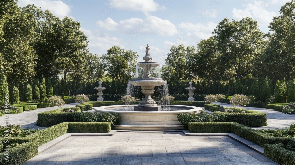 A luxurious estate garden featuring manicured hedges and a grand fountain, symbolizing wealth, status, and refined beauty A luxurious estate garden featuring manicured hedges and a grand fountain, symbolizing wealth, status, and refined beauty