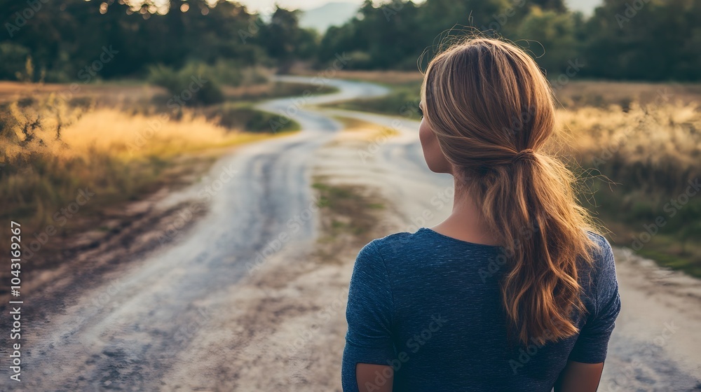 woman in front of two roads thinking deciding hoping for best taking chance. woman in front of two roads thinking deciding hoping for best taking chance.