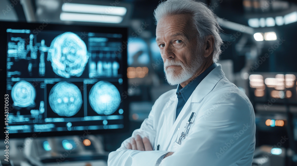 Experienced doctor analyzing brain scans in high-tech medical facility Experienced doctor analyzing brain scans in high-tech medical facility