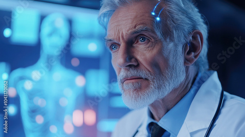 Elderly doctor analyzing futuristic medical technology with holographic display insights