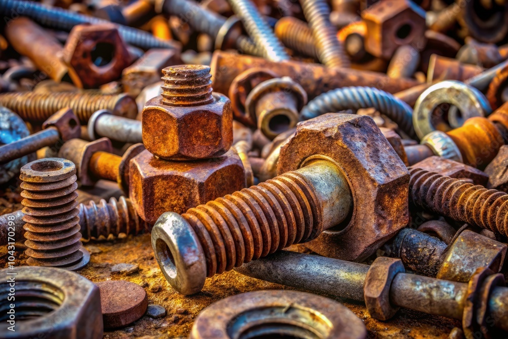 Industrial Landscape of Rusty Screws, Nuts, and Old Machinery Amidst Decay, Showcasing Textures and Colors in a Unique Industrial Environment for Stock Photography Industrial Landscape of Rusty Screws, Nuts, and Old Machinery Amidst Decay, Showcasing Textures and Colors in a Unique Industrial Environment for Stock Photography