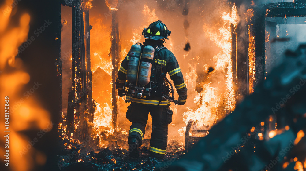 Brave firefighter battling intense flames in burning building emergency situation Brave firefighter battling intense flames in burning building emergency situation