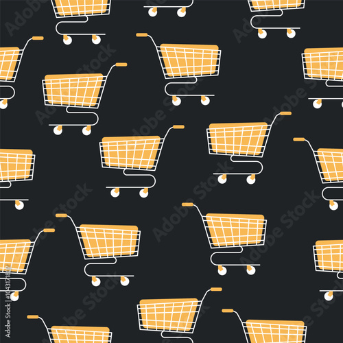 Shopping cart seamless pattern. Trolley on black background. Sale and marketing wallpaper.