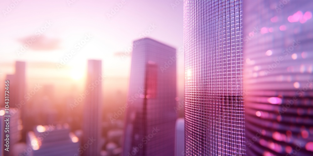 A futuristic city skyline with glowing buildings against a pink sunset. A futuristic city skyline with glowing buildings against a pink sunset.