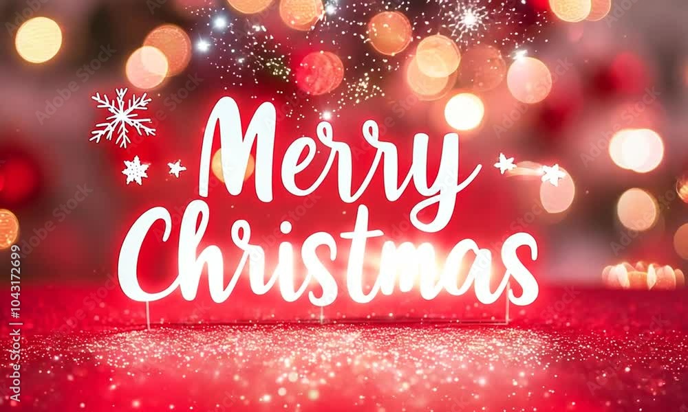 Merry Christmas is written in red letters on a red background. The background is a blurry, colorful Christmas tree with lights Merry Christmas is written in red letters on a red background. The background is a blurry, colorful Christmas tree with lights
