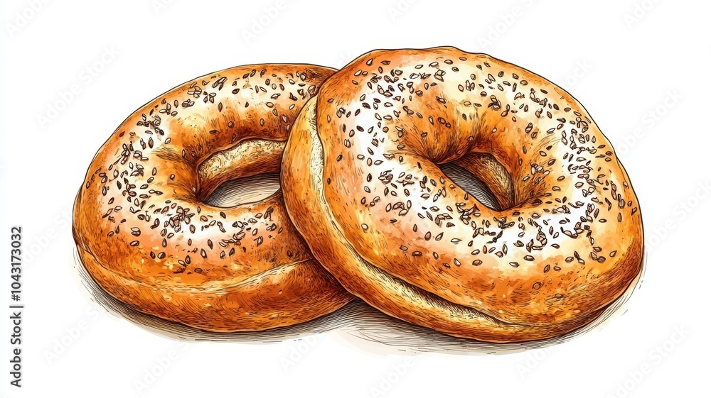 Watercolor sesame seeds bagels on white background,London Bagel,plain bagels,Everything bagels topped with cream cheese for breakfast,Homemade freshly plain,onion bagels,space for text. Watercolor sesame seeds bagels on white background,London Bagel,plain bagels,Everything bagels topped with cream cheese for breakfast,Homemade freshly plain,onion bagels,space for text.