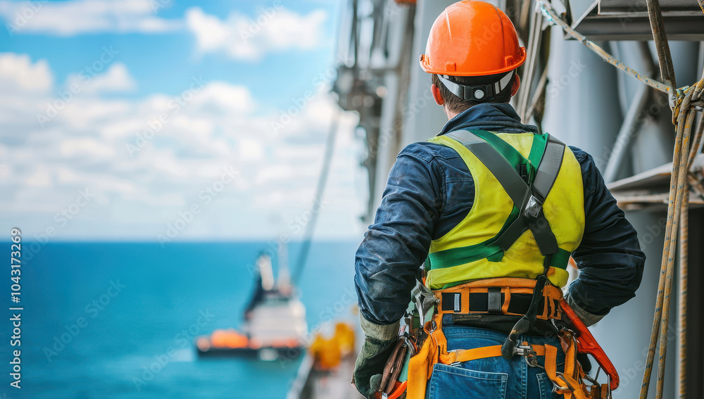 Worker in safety gear operating on offshore wind turbine site Worker in safety gear operating on offshore wind turbine site