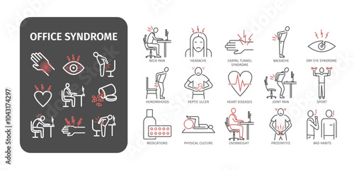 Office syndrome infographic. Symptoms and causes. Line icons set. Vector signs for web graphics