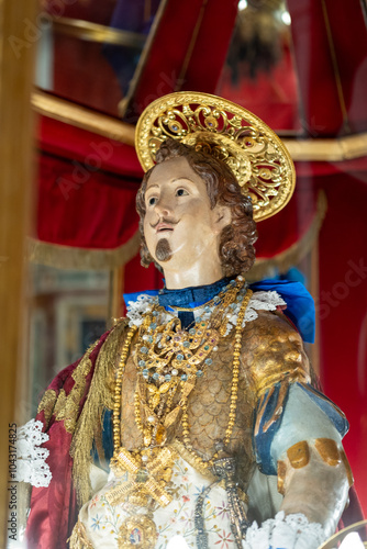 Festival of Sant'Efisio in Cagliari, Sardinia. The statue of Saint Effisio in Church of Sant'Efisio, in the old part of town.