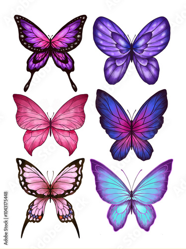 Butterfly Collection Illustration Set. Beautiful Watercolor Tropical Moths Isolated on White Background. Flying Cute Insects with Colorful Wings