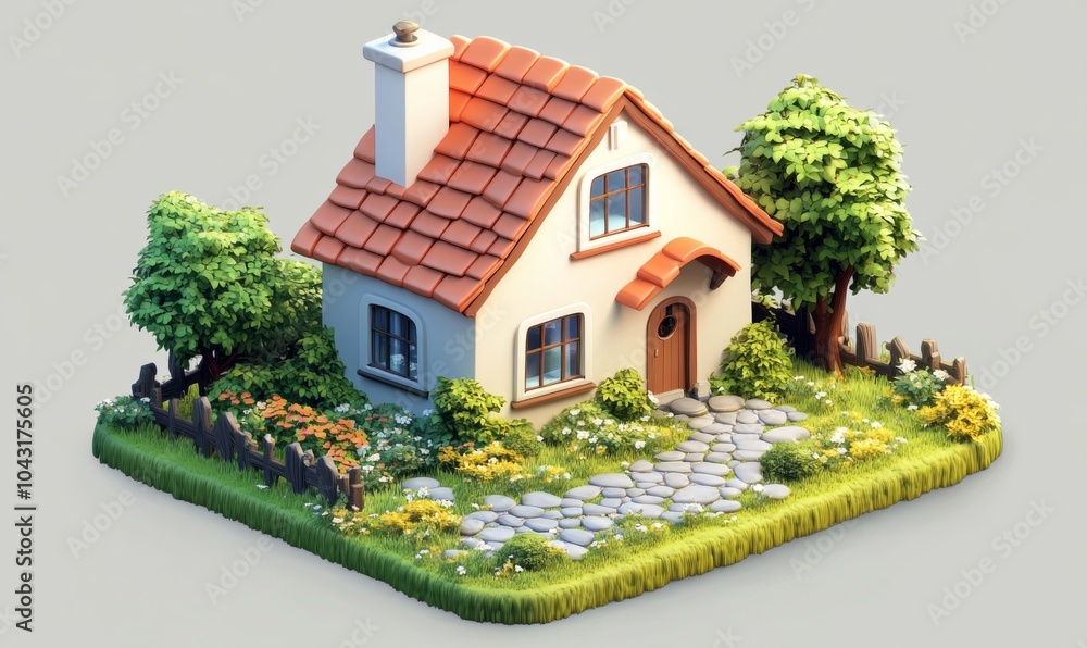 Isometric house with a front yard and windows, real estate icon, 3D icon set Isometric house with a front yard and windows, real estate icon, 3D icon set