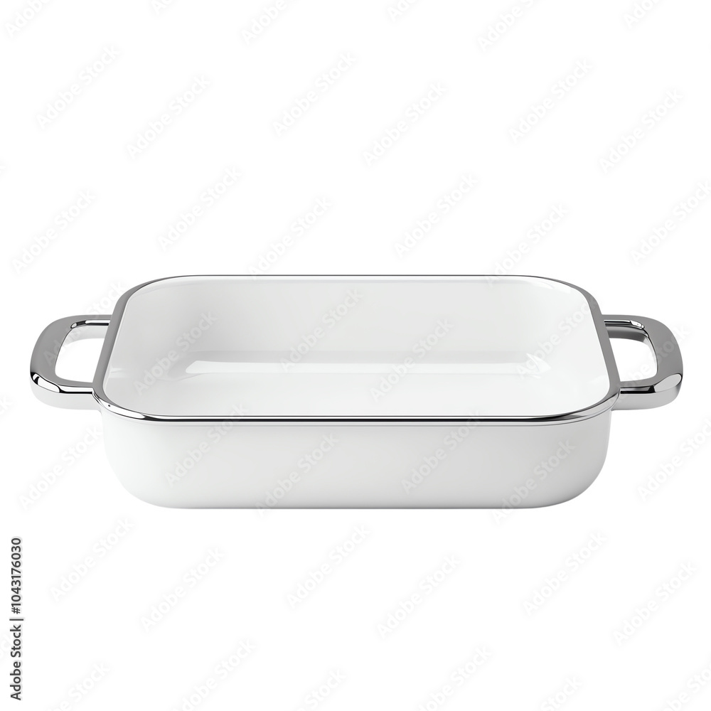 A pristine white baking dish with chrome handles, perfect for casseroles and oven dishes, ideal for kitchen and dining photography. A pristine white baking dish with chrome handles, perfect for casseroles and oven dishes, ideal for kitchen and dining photography.