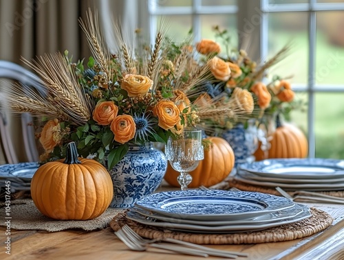 Pumpkins And Golden Wheat Arranged On A Farmhouse Table