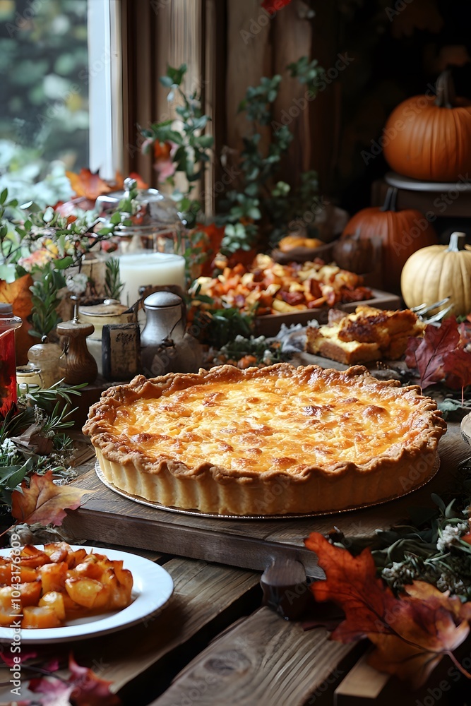 Rustic Table Spread With Pumpkin Pie, Cornbread, And Autumn Vegetables Rustic Table Spread With Pumpkin Pie, Cornbread, And Autumn Vegetables