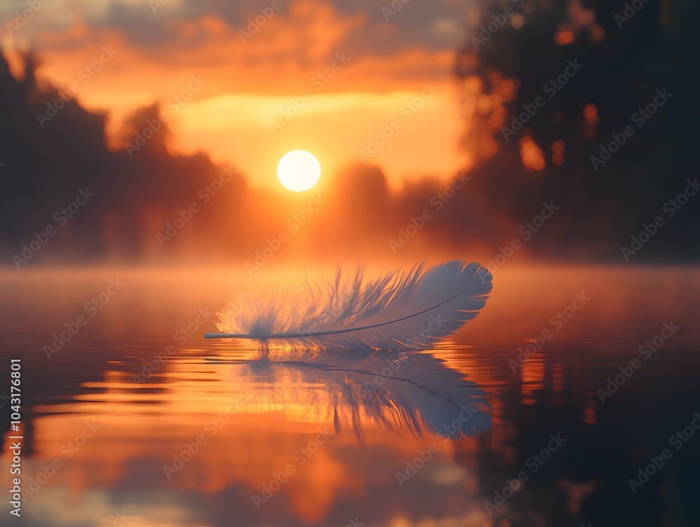 Single White Feather Floating In The Breeze Over A Calm Lake Single White Feather Floating In The Breeze Over A Calm Lake