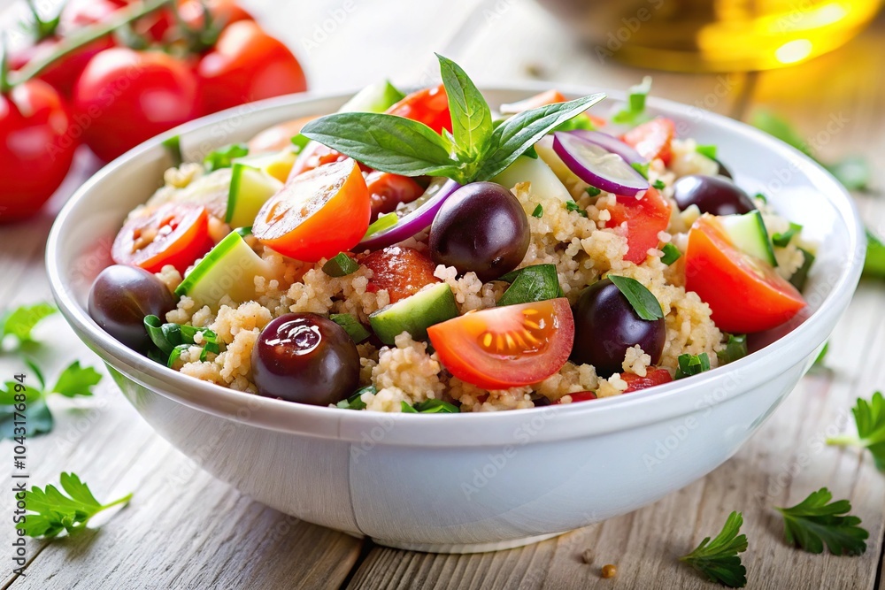 Healthy quinoa salad with cherry tomatoes red onion cucumber olives and fresh herbs in a white bowl on a white background Healthy quinoa salad with cherry tomatoes red onion cucumber olives and fresh herbs in a white bowl on a white background
