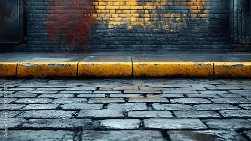 Wallpaper Mural Cobblestone Street with Yellow Curb and Brick Wall Background Torontodigital.ca