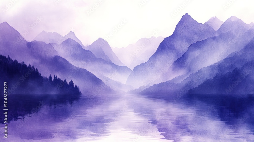 Misty mountains reflected in a still lake with a purple hue. Misty mountains reflected in a still lake with a purple hue.
