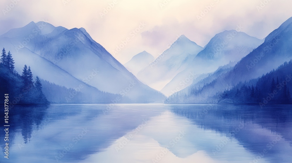 Serene mountain lake landscape with fog and trees reflecting in the water. Serene mountain lake landscape with fog and trees reflecting in the water.