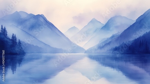 Wallpaper Mural Serene mountain lake landscape with fog and trees reflecting in the water. Torontodigital.ca