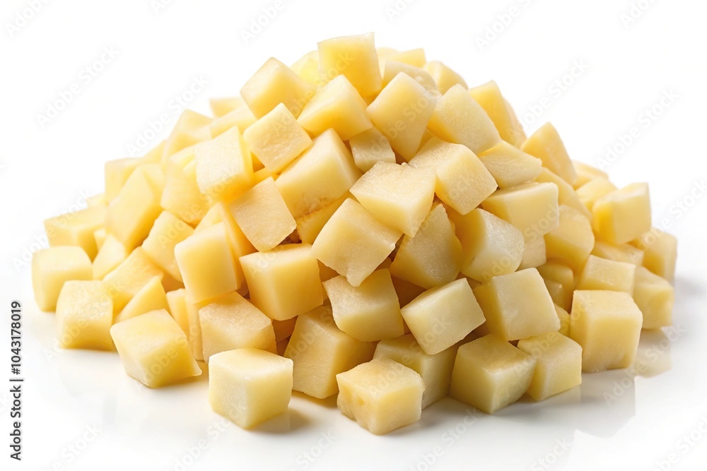 Heap of diced raw potatoes isolated on white background, Pile uncooked potatoes cube, Low Angle Heap of diced raw potatoes isolated on white background, Pile uncooked potatoes cube, Low Angle