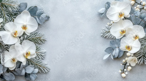 Elegant arrangement of white orchids and greenery on a textured background.