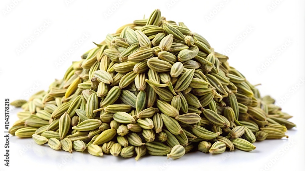 Heap of dried fennel seeds on white background low angle view Heap of dried fennel seeds on white background low angle view