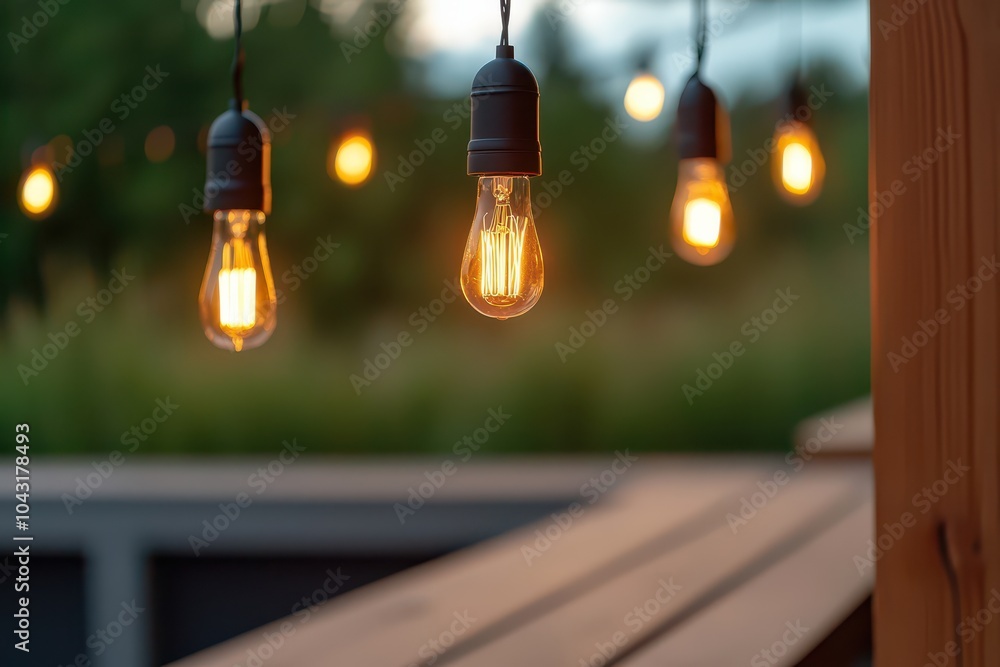 Obraz premium Dimmable hanging lights create a festive mood for a cozy outdoor gathering under the stars.