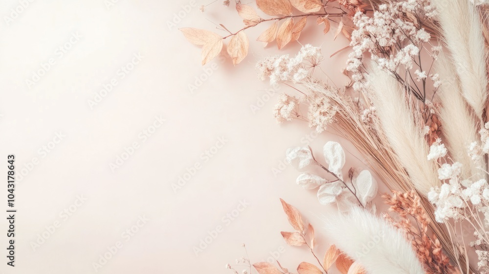 A serene arrangement of dried flowers and leaves on a soft background, evoking tranquility. A serene arrangement of dried flowers and leaves on a soft background, evoking tranquility.