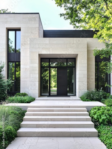 Eco-Friendly Modern House Showcasing Geometric Symmetry, Smooth Finishes, and Lush Greenery in Harmony with Nature