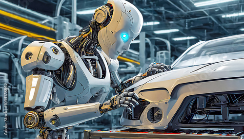 Humanoid robot assembles a car on a factory on assembly line photo