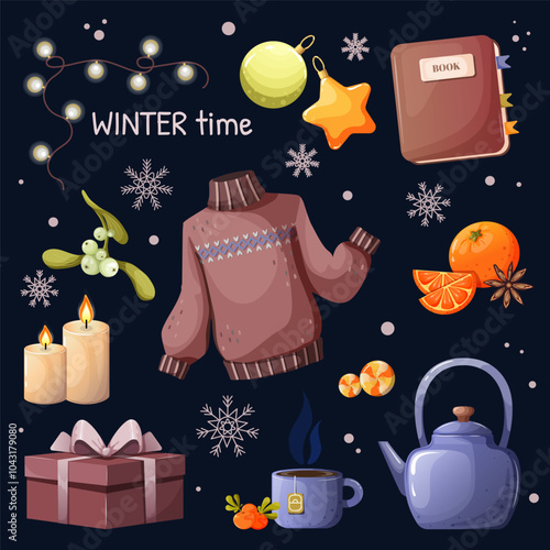 Hygge collection with warm, cozy winter elements. Set items for cold season. Food, drinks, spices, christmas decorations and clothes to warm up isolated on dark background.