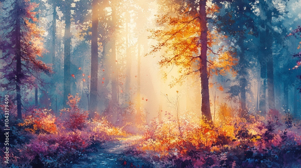 A sunbeam illuminates a misty forest path with fall foliage. A sunbeam illuminates a misty forest path with fall foliage.