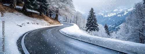 A winding road in the snow-covered mountains of Switzerland, snow-covered trees and a white, snowy landscape