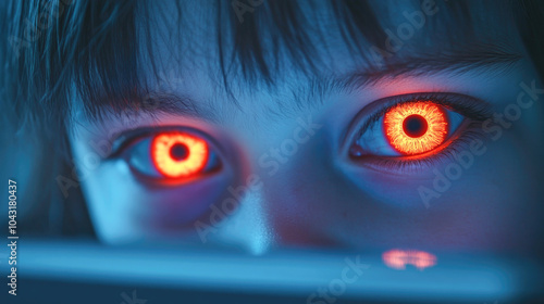 Futuristic child with glowing eyes staring at technology in dark room photo