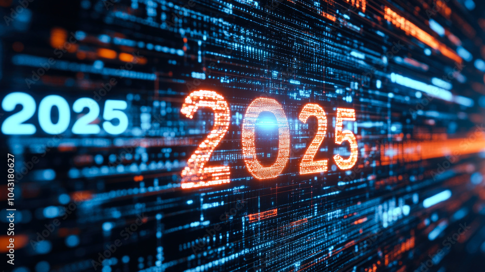 Futuristic digital 2025 concept with neon lights and binary patterns Futuristic digital 2025 concept with neon lights and binary patterns