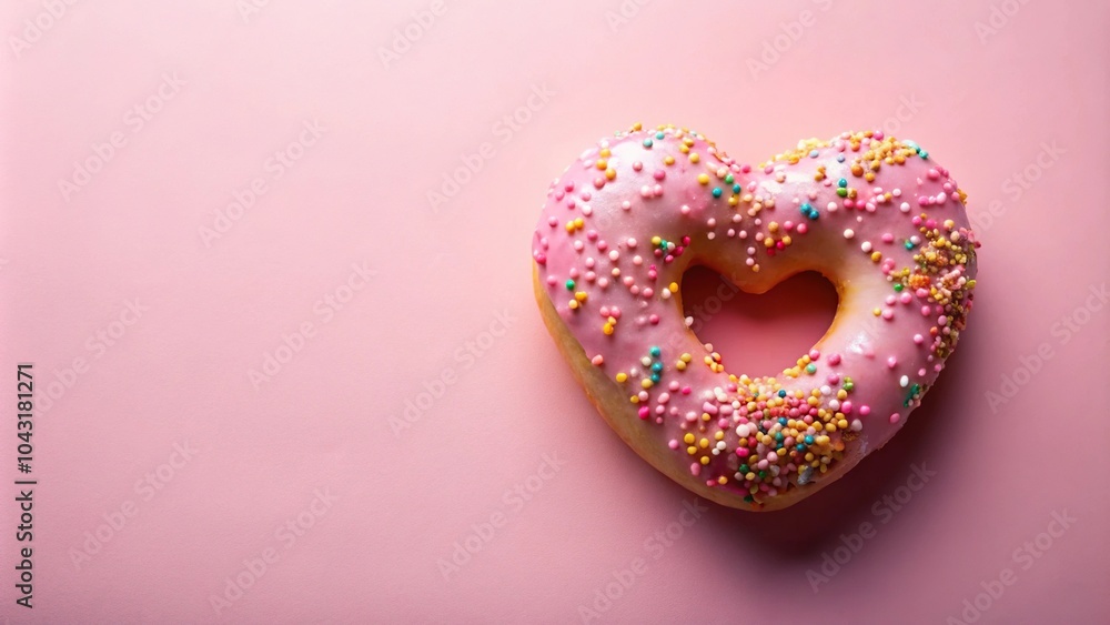 Heart shaped donut with glaze and sprinkles on pink pastel background reflected Heart shaped donut with glaze and sprinkles on pink pastel background reflected