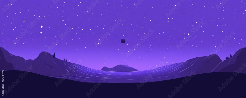 A serene landscape featuring mountains and a starry sky with a celestial body. A serene landscape featuring mountains and a starry sky with a celestial body.
