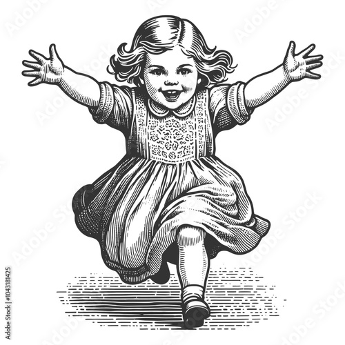 joyful little girl running with open arms, smiling and carefree, capturing the essence of childhood happiness and innocence sketch engraving generative ai vector illustration. Black and white image.