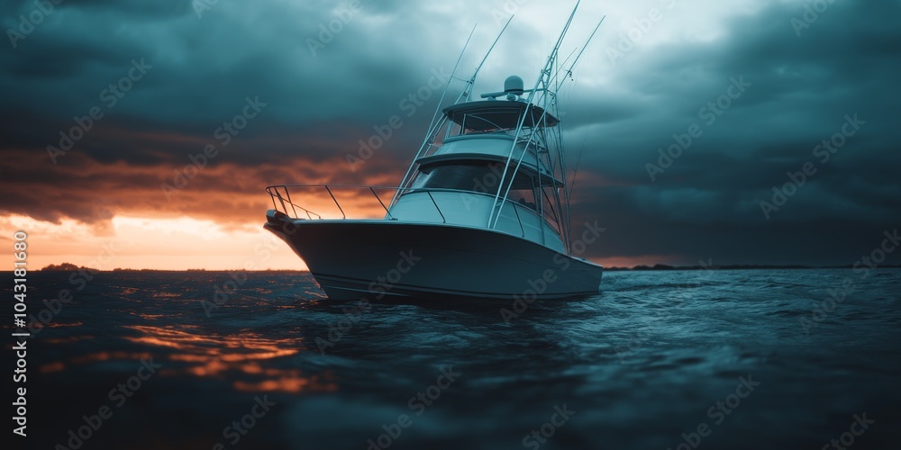 Fototapeta premium A large boat sails through stormy seas at sunset.