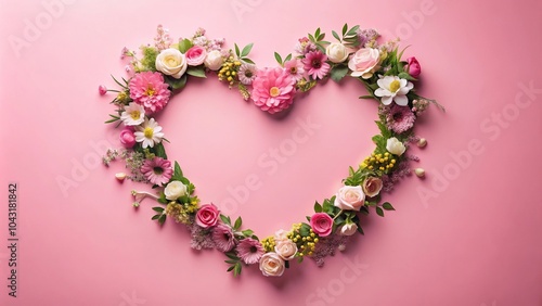 Heart shaped frame with flowers on pink background