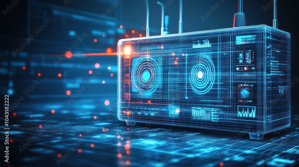 Fototapeta premium A digital representation of a radio device with glowing elements and data visuals.