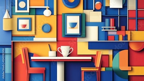 Wallpaper Mural A colorful abstract interior scene featuring geometric shapes, furniture, and wall art. Torontodigital.ca