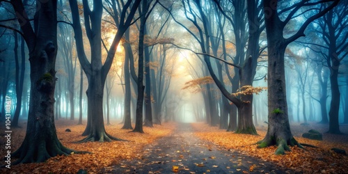 Mysterious Foggy Forest Landscape at Dusk - Enigmatic Atmosphere with Misty Trees and Eerie Shadows for Spooky and Haunting Visuals photo