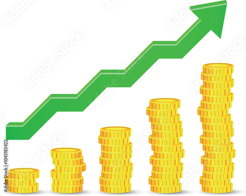 Golden coins with chart going up