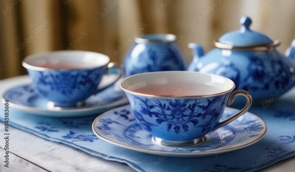 cups and saucers on a table with a blue cloth cups and saucers on a table with a blue cloth