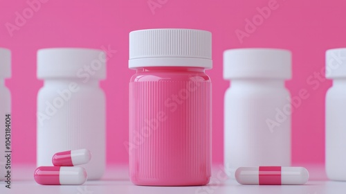 Vibrant Pink Pill Bottle Surrounded by White Containers on a Bright Background