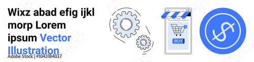 Mobile device with shopping cart icon, two gears, and a dollar sign symbol on a circle. Ideal for e-commerce, online shopping, digital marketing, financial services, technology. Banner for landing