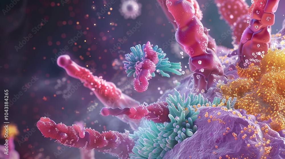 Naklejka premium High-Resolution Necrotic Cell Structure: Vibrant Highlighted Components, Surrounding Tissue Context