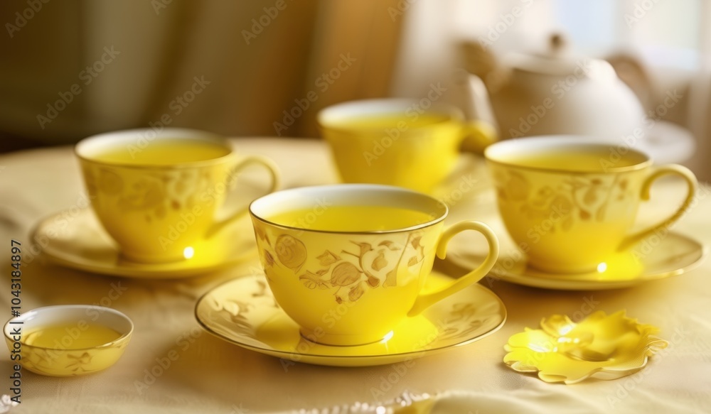 Fototapeta premium yellow cups and saucers are sitting on a table with a teapot